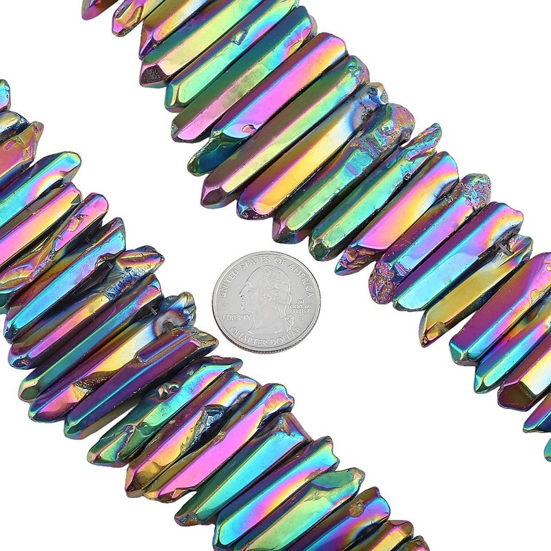 SUNYIK Rainbow Aura Titanium Coated Crystal Points Quartz Polished Sticks Spikes Point Beads 15 inch Strand Drilled - Image 4